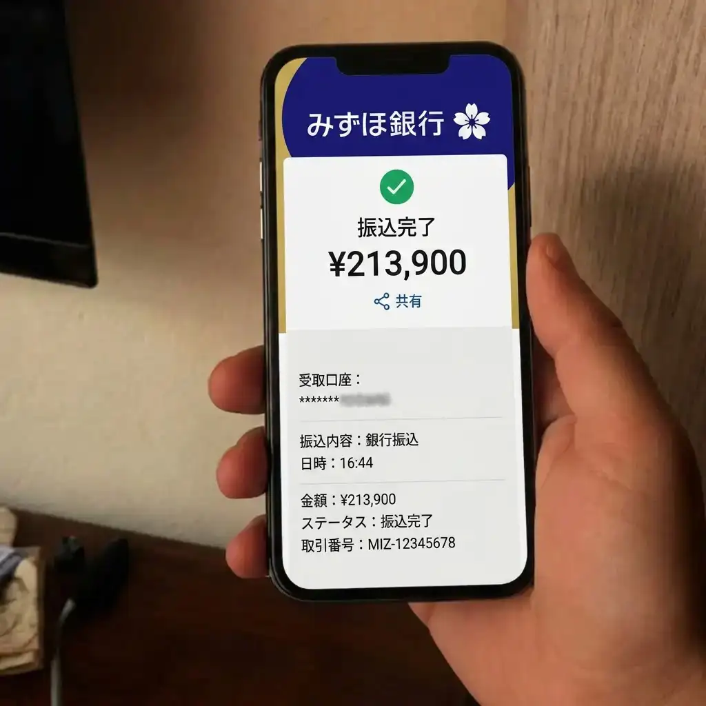 みずほ銀行の画面：からの213,900円の振込履歴